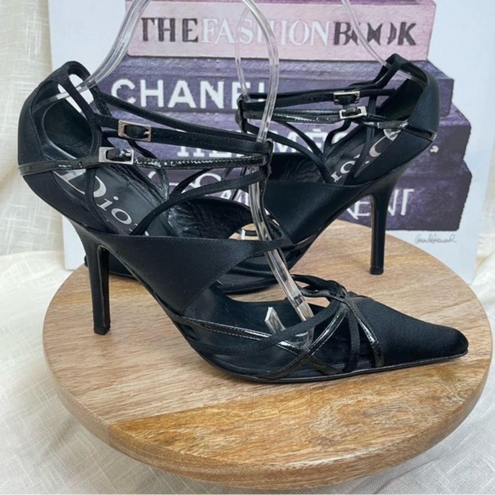 DIOR by JOHN GALLIANO Black Leather& Satin Multistrap Pointed Toe Heels - Picture 3 of 16